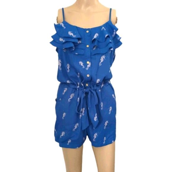 Seahorse Print Romper L Blue One Piece Ruffles Flowy Drawstring Tied Waist - Picture 12 of 16